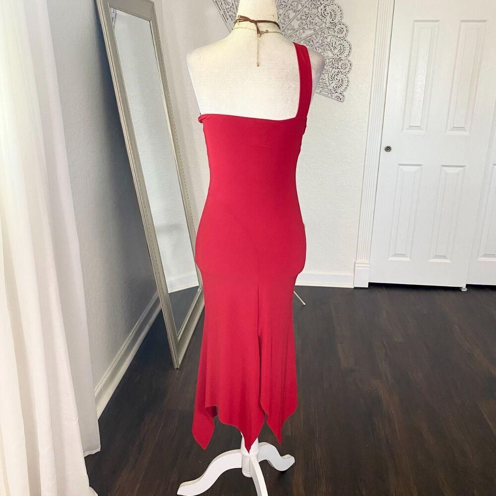 Vintage Made in USA Red Early 2000's Asymmetric One Shoulder Midi Party Dress S - Picture 6 of 7